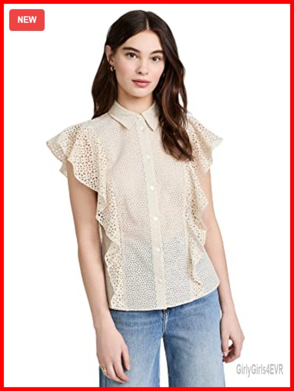 Theory Sleeveless Button Down Ruffle Eyelet Blouse Top